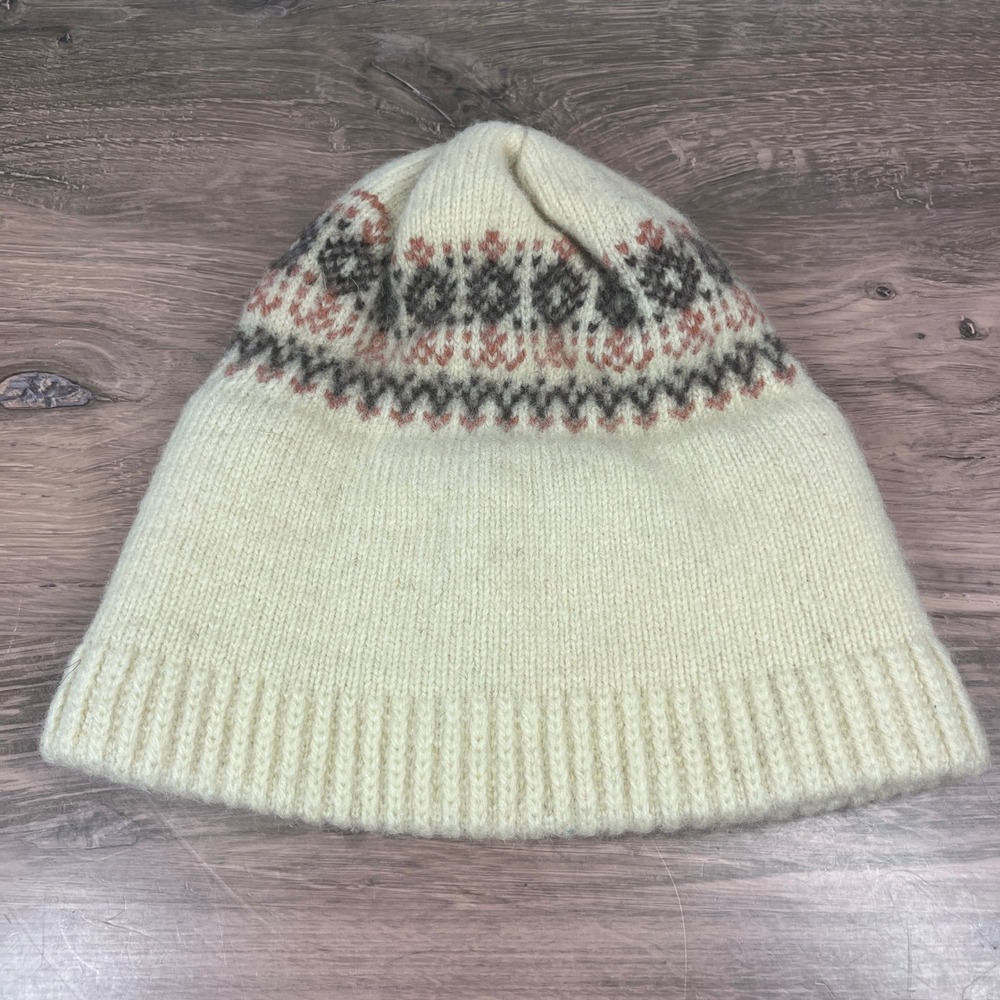 Vintage Muk Luk Wool Blend Fair Isle Beanie Winter Hat Cream Pink Grey Retro